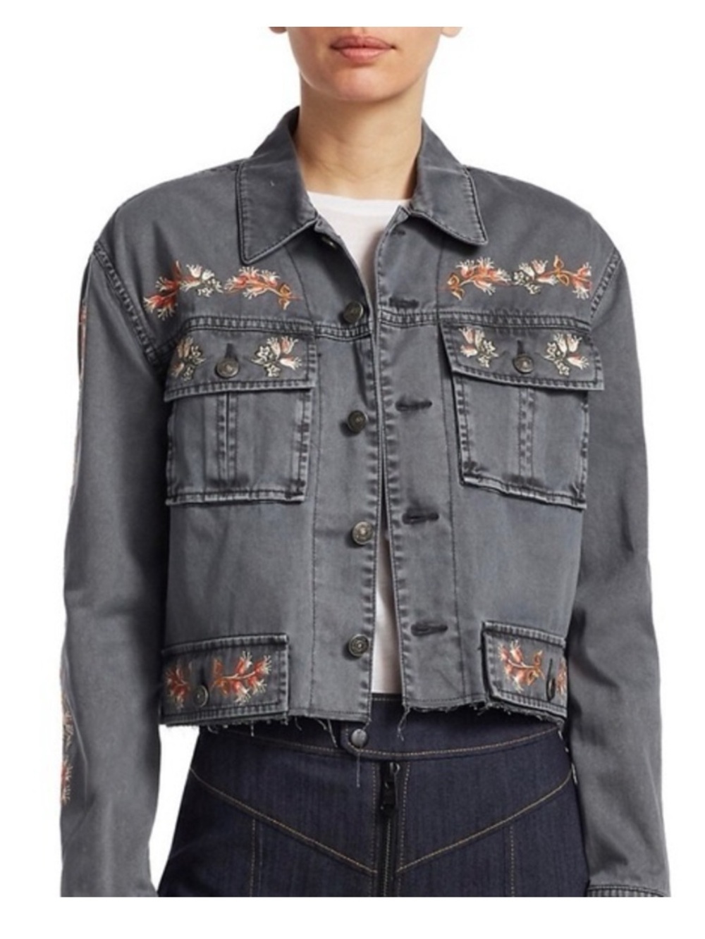 CINQ A CEPT Embroidered Cropped Denim Jacket Gray